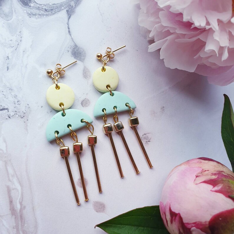 Mint and Pale Yellow Dangle Earrings Clay Earrings Pastel Etsy
