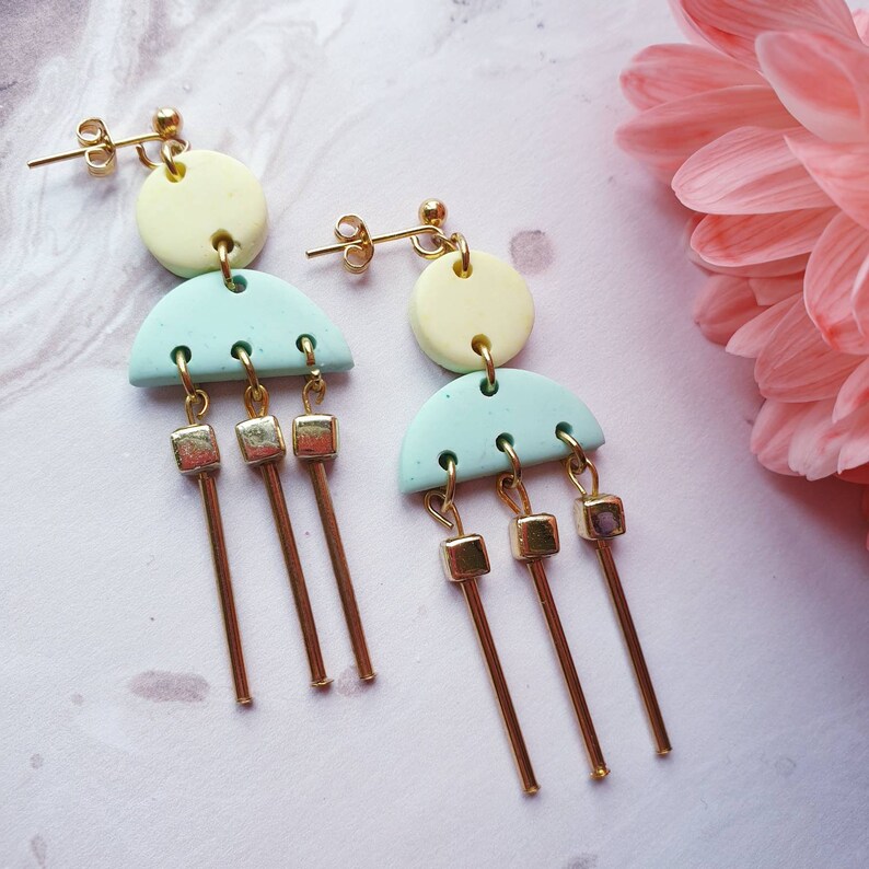 Mint and Pale Yellow Dangle Earrings Clay Earrings Pastel Etsy