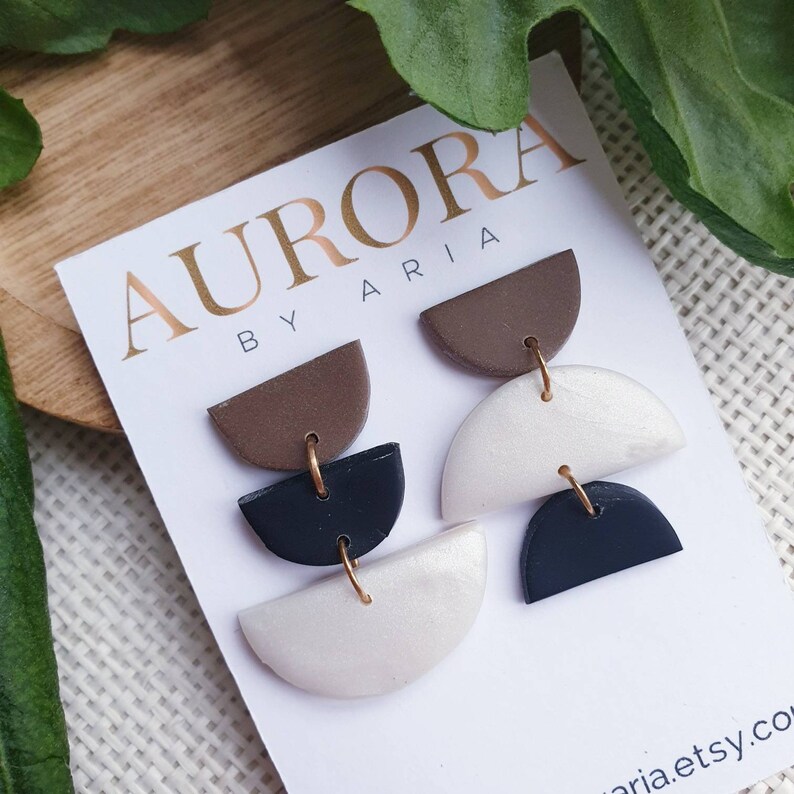 Mismatched Earrings Color Block Dangles Pearl Brown and Black Earrings Semicircle Jewelry Geo Gift for Her Friend Basic Jewelry Earrings