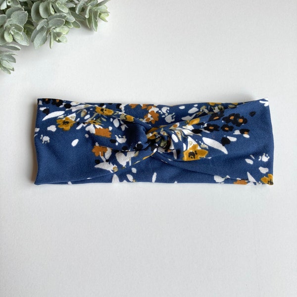 Women’s Size Front Knot Stretchy Headband (Blue/Yellow Floral) - One Size Fits Most