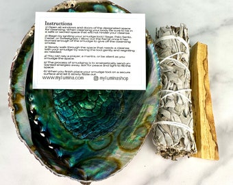 Smudging kit white sage w/ crystals, Abalone shell, smudging sticks, white sage, crystal kits