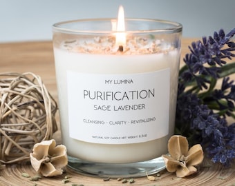 Handmade Aromatic Candle with Lavender Sage Fragrance | Scented Soy Wax Candle for Aromatherapy and Zen | Energy clearing Candles | 6.5 Oz