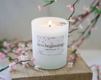 New Beginnings Intention Candle with Cherry Blossom Aromatherapy Scent and Flower Agate Heart Crystal