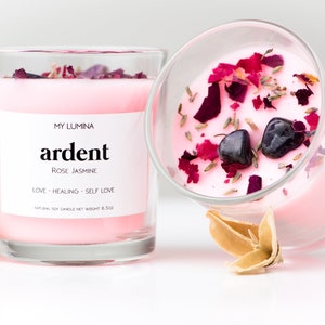 Jasmine Rose Scented Candle Jar | Self Love Candle with Dried Rose Petals and Amethyst Crystal Candle for a Romantic & Sexy Night for Lovers