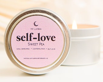 Self-Love Mini Intentional Candle made with Natural Soy Wax and aromatherapy scent of Sweet Pea | Essential Oil Candle | Candle Gift