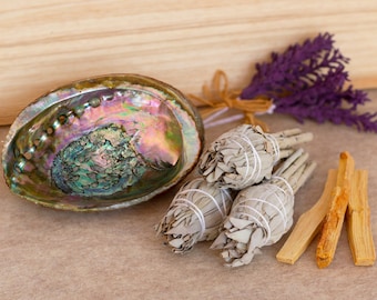 Cleansing and Blessing Kit - Smudging Chakra Balancing, White California Sage, Abalone Shell, Palo Santo -