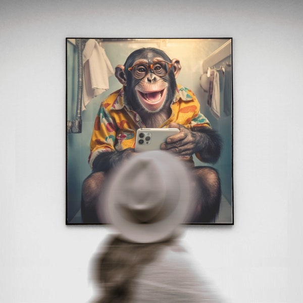 Smiling monkey in a Hawaiian shirt sits on the toilet in the bathroom and holds an Phone, affiche toilette, humor wc poster, toilet poster