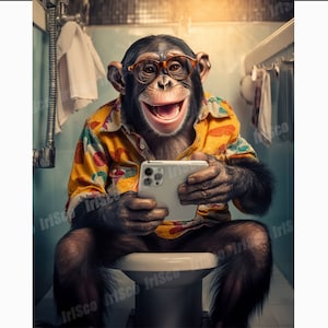 Monkey on the toilet with iPhone, funny print for the bathroom, affiche toilette, humor wc poster, toilet poster