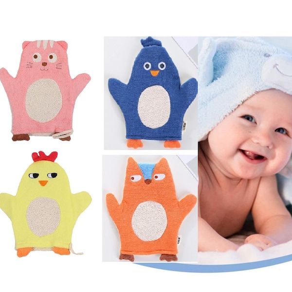 Baby bath sponge, newborn & toddler shower mitt, kids memorable gift, animal design: chick, penguin, cat, fox, duck, puppet for boys / girls