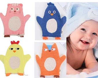 Baby bath sponge, newborn & toddler shower mitt, kids memorable gift, animal design: chick, penguin, cat, fox, duck, puppet for boys / girls