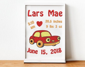 Custom Baby Birth Stats Boy Gift Frame Embroidery Nursery Newborn Personalized Monogram Birthday Keepsake Red Sports Car New Mom Unique Gift