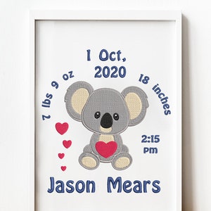 Custom Baby Boy Gift Bear Nursery Frame Embroidery Newborn Personalized Koala Birth Stats Monogram Birthday Keepsake Unique New Mom Gift image 1