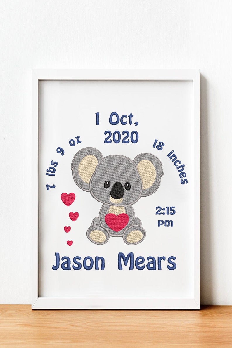 Custom Baby Boy Gift Bear Nursery Frame Embroidery Newborn Personalized Koala Birth Stats Monogram Birthday Keepsake Unique New Mom Gift image 1