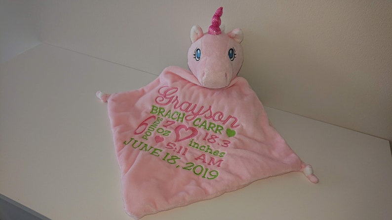 Personalized Stuffed Animal Baby Blanket Security Blanket Snuggle Keepsake Easter Christmas, Birth Stats, Birthday, Baby Shower Baby Blankie image 1