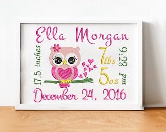 Custom Baby Birth Stats Girl Owl Gift Frame Embroidery Nursery Newborn Personalized Monogram Birthday Keepsake Unique New Mom Gift Bird
