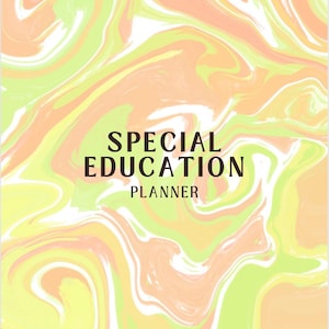 Op de afbeelding: Een planner met een kleurrijk abstract swirl-ontwerp. De tekst "SPECIAL EDUCATION PLANNER" is in het zwart op de voorkant gedrukt.