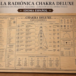 IDIOMA ESPANOL Deluxe Chakra Radionics Board 70 x 40 cm in Laser-Engraved Wood | Radiesthesic Board for Pendulum, 7 Chakras and Bach Flowers