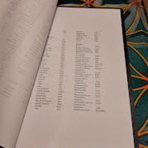 May include: A black menu with white pages, partially open to reveal a list of items and prices. The menu is on a patterned surface with a floral design in shades of green, yellow, and orange.