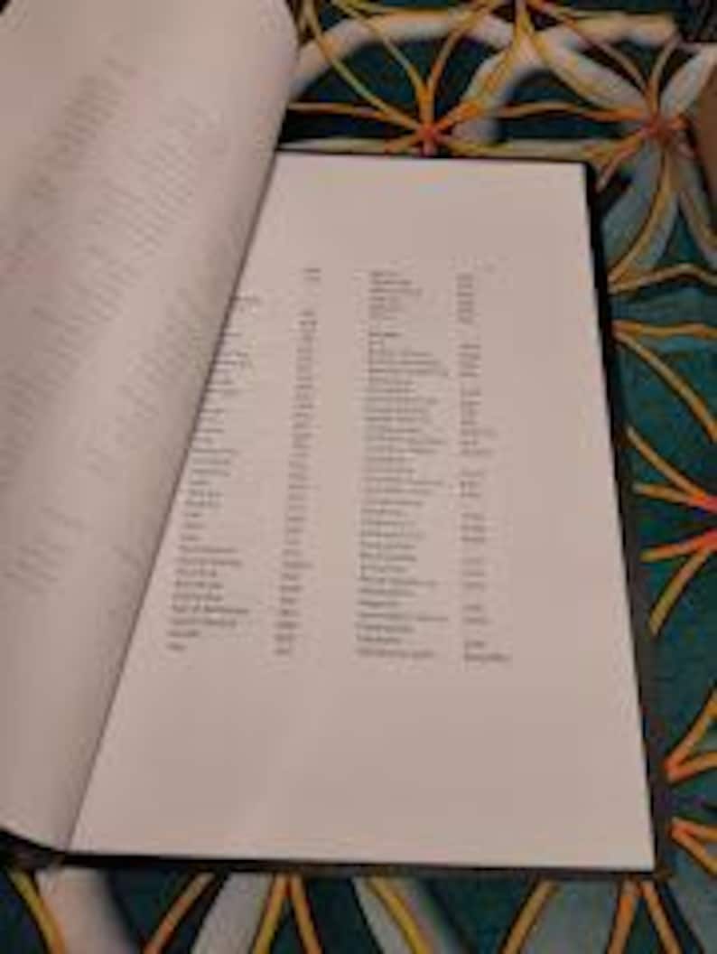 May include: A black menu with white pages, partially open to reveal a list of items and prices. The menu is on a patterned surface with a floral design in shades of green, yellow, and orange.