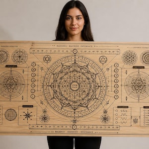 May include: A large, rectangular wooden panel featuring intricate geometric designs and the text "RADIANT MACHINE INTERFACE". The panel has a light brown color with dark brown etched lines and decorative corner accents. The design includes circles, lines, and symbols.