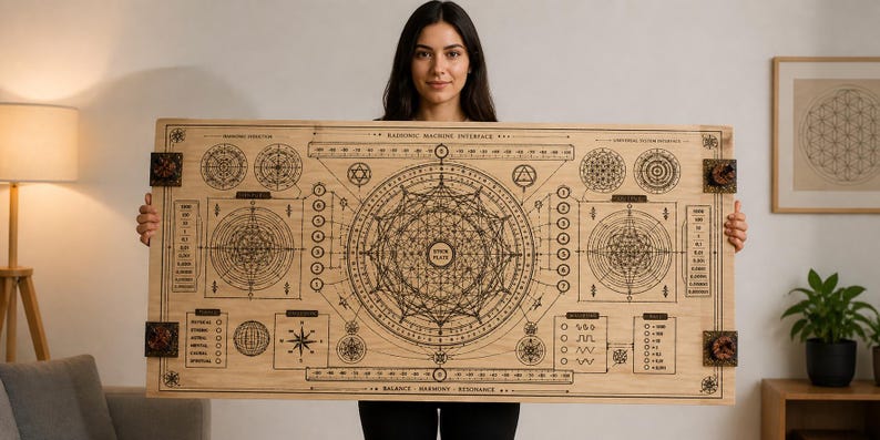 May include: A large, rectangular wooden panel featuring intricate geometric designs and the text "RADIANT MACHINE INTERFACE". The panel has a light brown color with dark brown etched lines and decorative corner accents. The design includes circles, lines, and symbols.