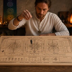 Può includere: Una tavola di legno Radiionic Interface Matrix con intricati disegni geometrici e testo. Una persona tiene un pendolo sopra la tavola. La scena include candele, cristalli e uno striscione dei chakra, suggerendo un tema spirituale o metafisico.