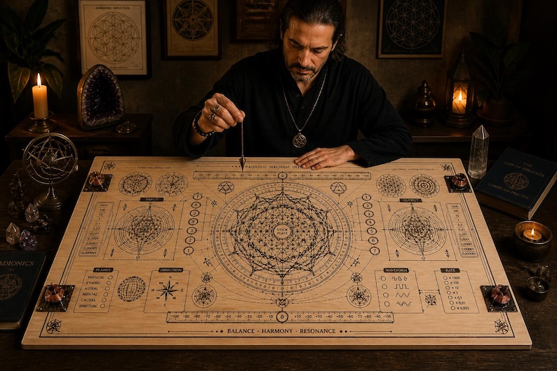 May include: A large, light-brown wooden dowsing board with intricate geometric designs and text. The board features a central circular pattern, compass rose, and other symbols. The text at the bottom reads "BALANCE - HARMONY - RESONANCE".