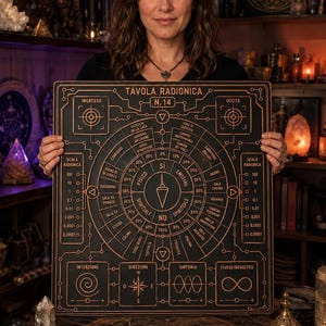 May include: A square black radionic board with copper-colored lines and text titled TAVOLA RADIONICA N. 14. The board features a central pendulum graphic, circular percentage scales, directional compass, and various labeled room names in Italian.