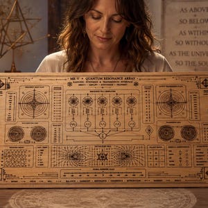 Puede incluir: Una persona sostiene un panel de madera con diseños grabados y el texto "MR V QUANTUM RESONANCE ARRAY". El panel presenta patrones geométricos y símbolos. El fondo incluye velas, cristales y decoración espiritual.