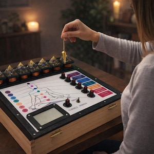 May include: A wooden device with a diagram of a human figure and chakra symbols. It has a series of knobs, a small screen, and several pyramid-shaped objects. A person is holding a pendulum over the device.