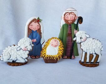 Nativity Cookie Cutters- Nativity Scene Cookie Cutter Set- 5 Cookie Cutters- Nativity Basic Set with Picture and Pattern- Holy Family- Sheep