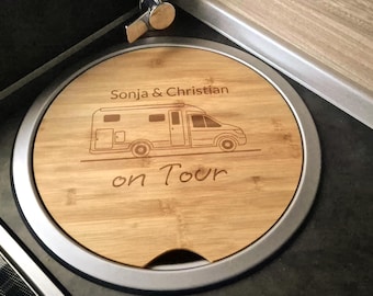 Tábua de corte e tampa de pia para autocaravana, caravana ou van - decoração em carvalho, bambu ou bétula com gravação personalizada, acabamento oleado.