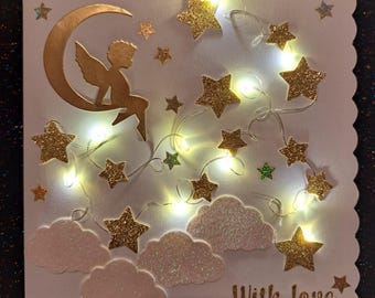 LED Sympathy Card, Gold Cherub & Stars, Bereavement Gift