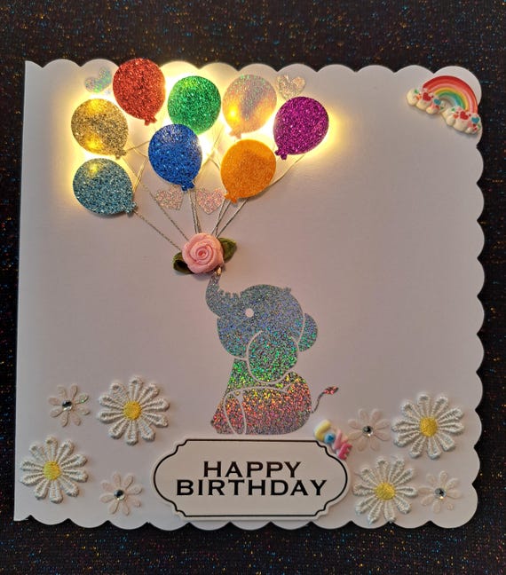 Beautiful led light up birthday card with a cute holographic baby elephant  holding colourful glitter balloons exta special led birthday card