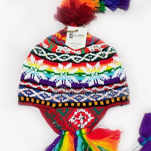 Peruvian Chullo with beads/Colorful Chullo Pom Pom/Peruvian hand knitted Chullo with Llamas/Beautiful Q&#39;ero Chullo Hat for