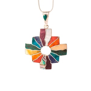 Chakana pendant, Sterling Silver Peruvian Shell and Stone Chakana Chakra Necklace