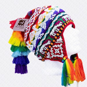 Beaded Shaman Ch&#39;ullo Peru Winter Hat Colorful Pom Poms Tassels Earflaps Chullo