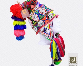 Unisex Beaded Shaman Ch\'ullo Peruvian Winter Hat with Colorful Pom Poms Tassels Accessories | Unisex Beaded Shaman Chullo Peruvian Winter  main image 2
