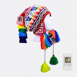 Beaded Shaman Ch&#39;ullo Peru Winter Hat Colorful Pom Poms Tassels Earflaps Chullo