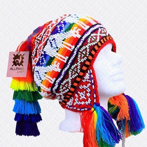 for boy / Peruvian Chullo with beads/Colorful Chullo Pom Pom/Peruvian hand knitted Chullo with Llamas/Beautiful Q'ero Chullo Hat image 1
