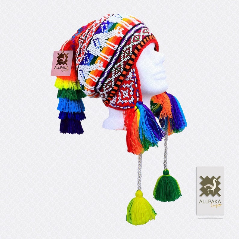 for boy / Peruvian Chullo with beads/Colorful Chullo Pom Pom/Peruvian hand knitted Chullo with Llamas/Beautiful Q'ero Chullo Hat image 1
