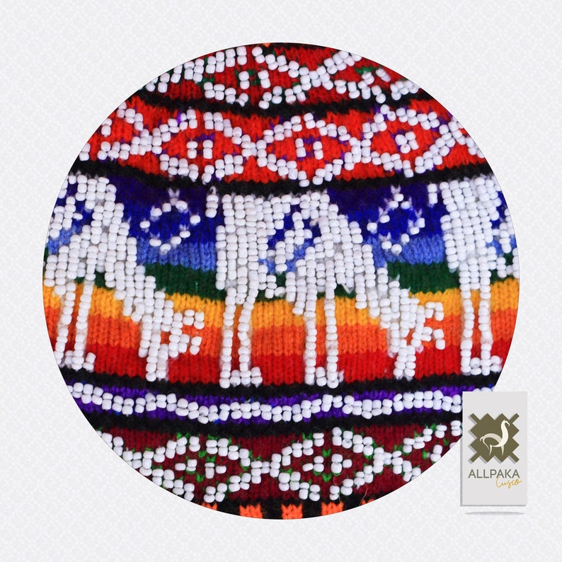for boy / Peruvian Chullo with beads/Colorful Chullo Pom Pom/Peruvian hand knitted Chullo with Llamas/Beautiful Q'ero Chullo Hat image 2