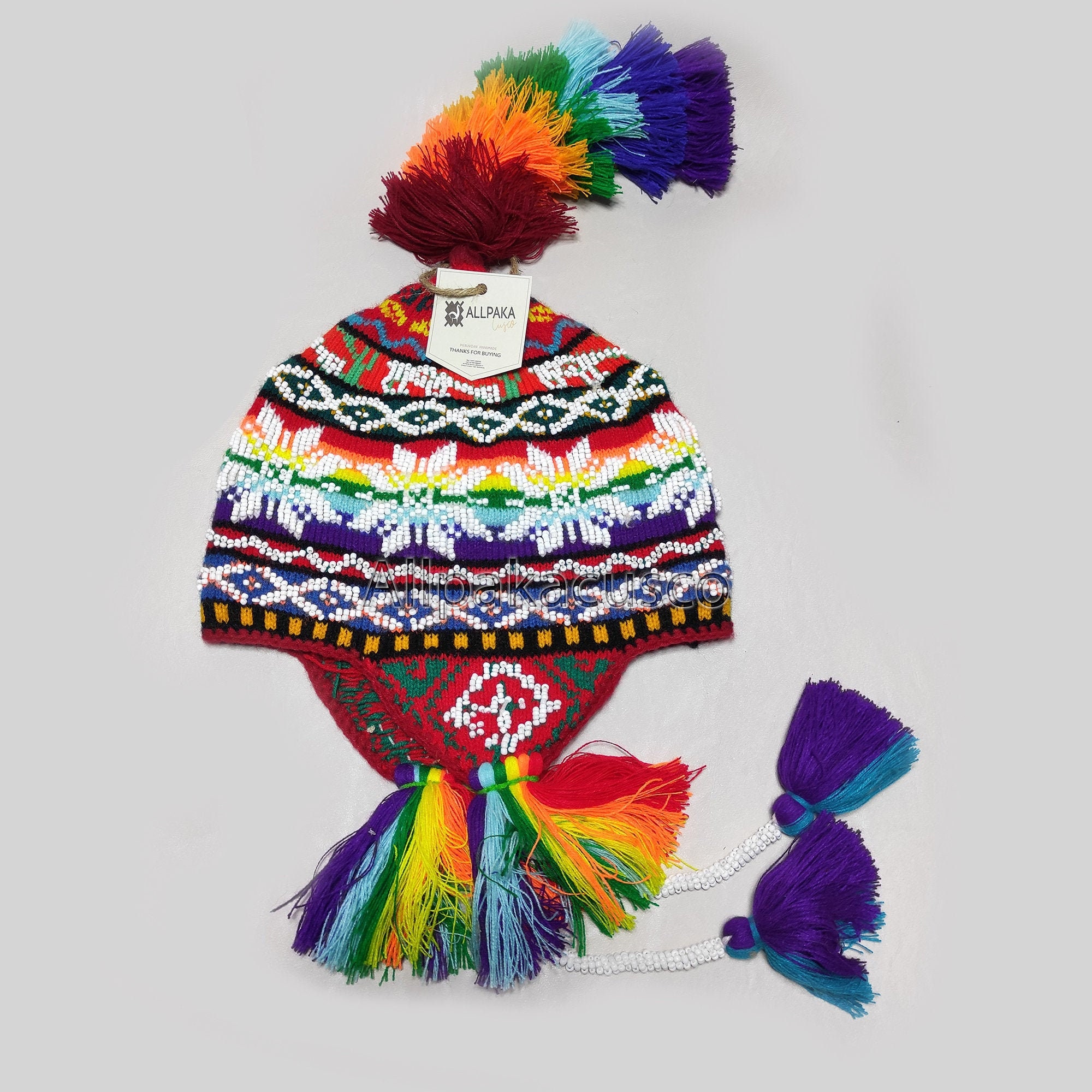 Beaded Peruvian Chullo Hat: Hand-knitted Alpaca Wool  display picture 3
