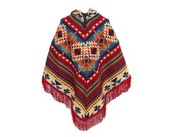 Alpaca Poncho with Native Pattern - Red Triangular Design - Native Pattern - Handmade Poncho