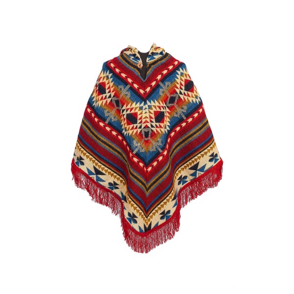 Alpaca Poncho with Native Pattern - Red Triangular Design - Native Pattern - Handmade Poncho