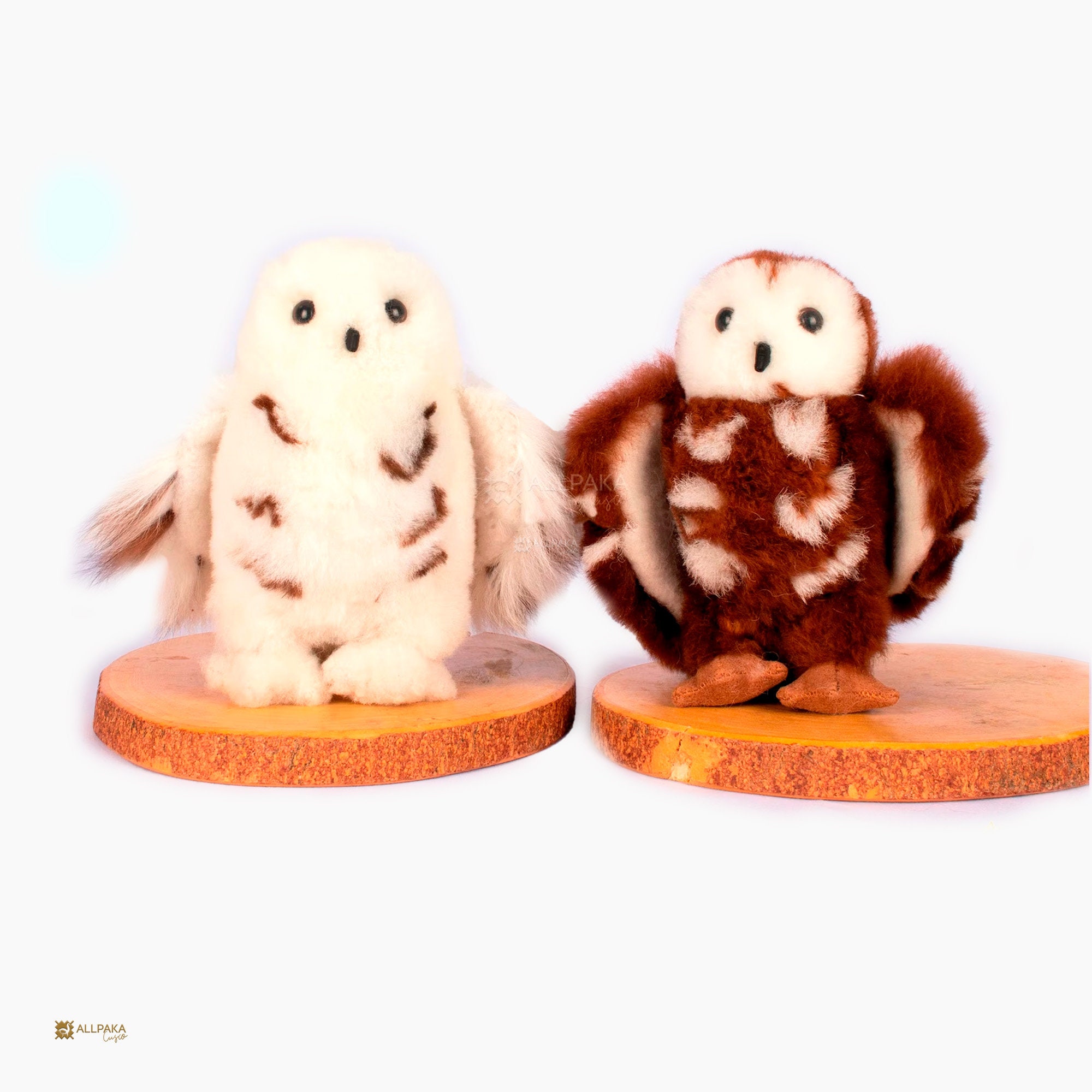 Handmade Baby Alpaca Wool Owl Plush | Realistic Stuffed Animal | Peruvian Toy Gift White Brown
