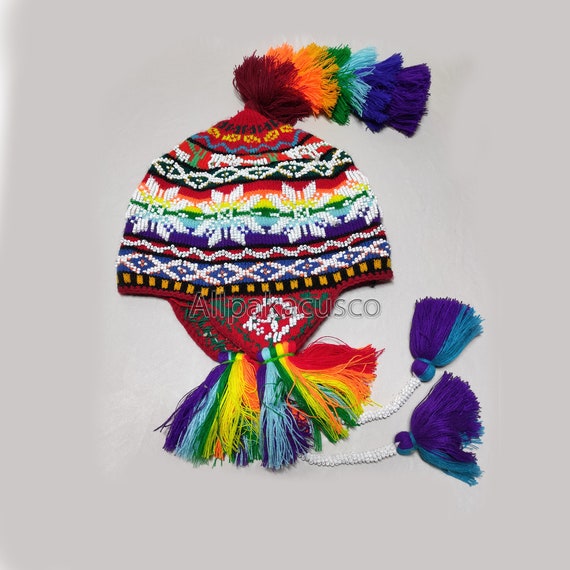 Peruvian Chullo with beads/Colorful Chullo Pom Pom/Peruvian hand knitted  Chullo with Llamas/Beautiful Q'ero Chullo Hat for Adult and child