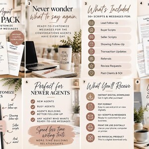 May include: A digital real estate agent scripts pack featuring 50 plus ready to customise messages and follow up templates. The set includes PDF documents, text message examples, and organisational tools for lead follow up, buyer and seller scripts.