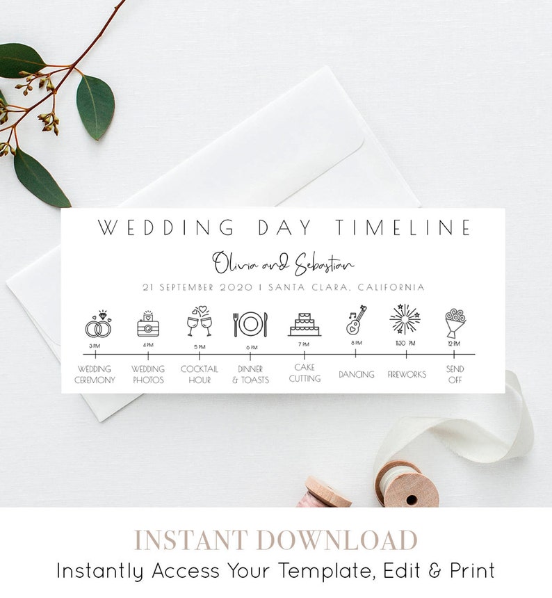 Download Modern Wedding Day Timeline Card Template Simple Wedding Itinerary Editable Order Of Events Wedding Schedule Wedding Icons Paper Paper Party Supplies Kromasol Com