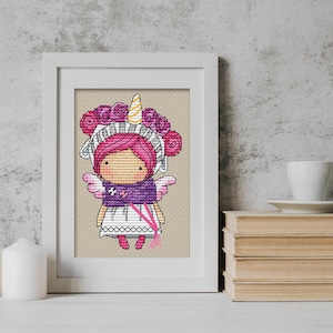 Puppe Einhorn (072), Serie MINI magic__dolls DMC Kreuzstichvorlage Nadelspitze Muster Stickvorlage Printable PDF Instant Download